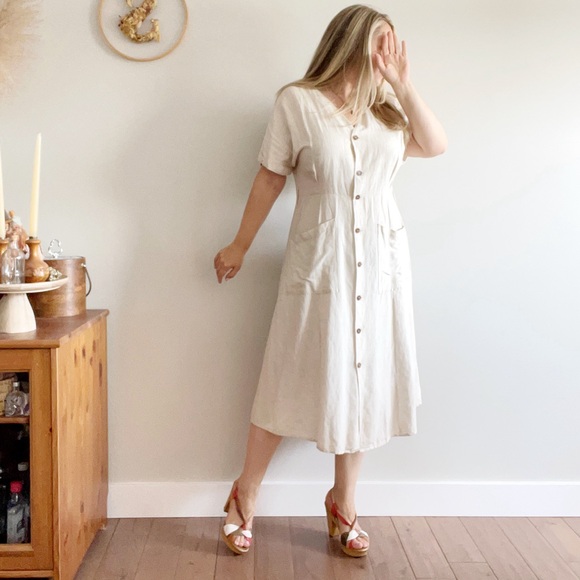 justliving Dresses & Skirts - Cream Linen Button Down Dress with Pockets